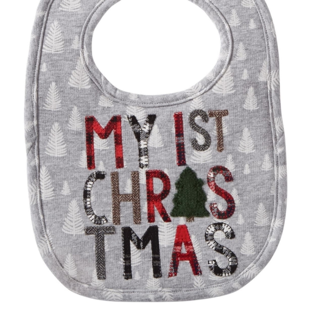 "My 1st Christmas" Bib in Grey Plaid by Mud Pie